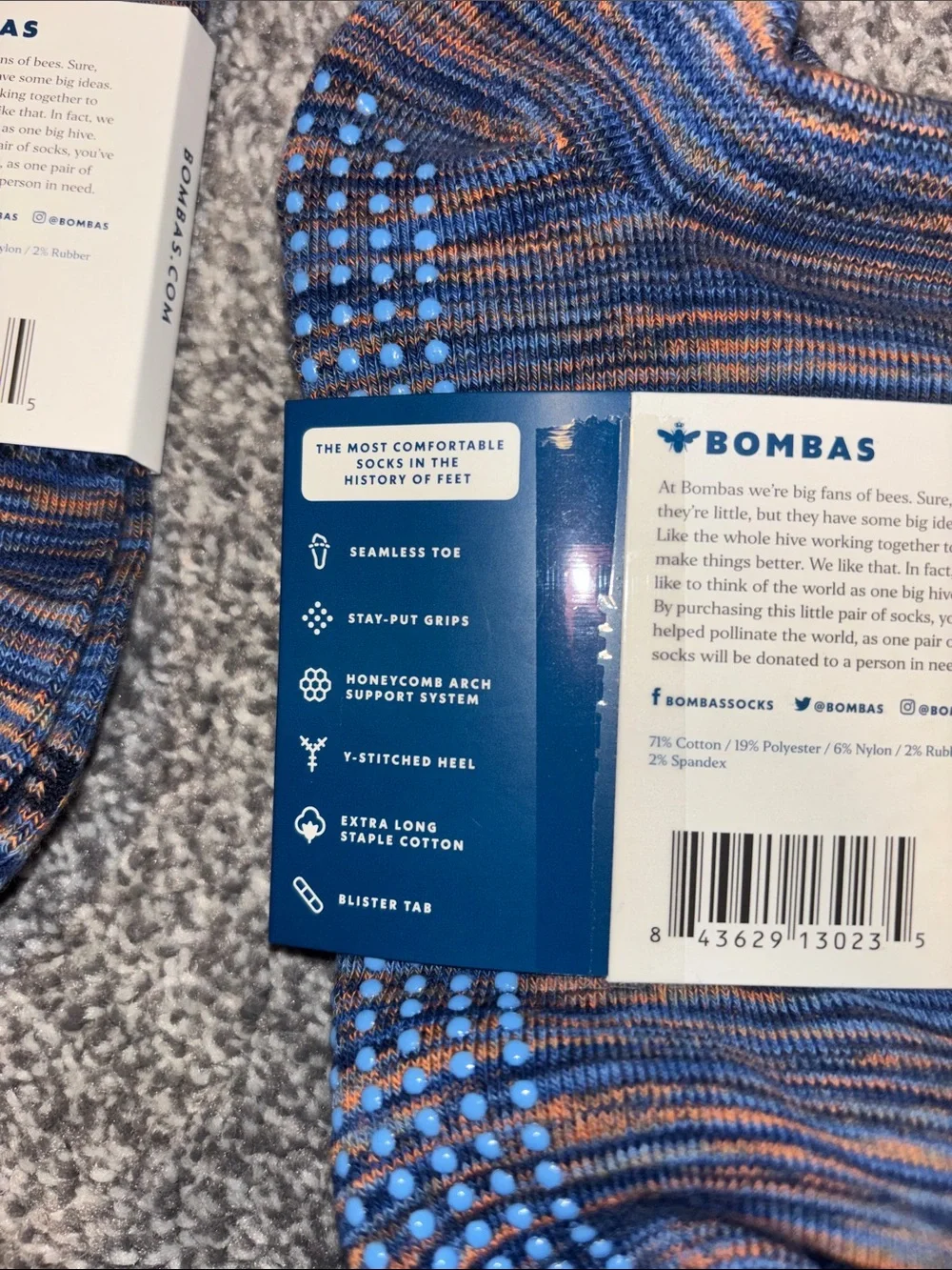 Bombas women’s Gripper No-Show Socks Blue/ Orange Marled size large(women’s 6-9)